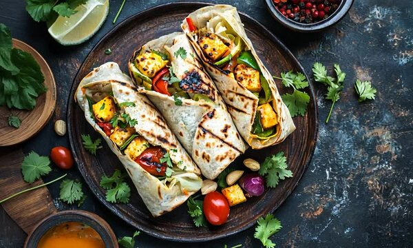 Delicious vegetarian wraps filled with grilled paneer, fresh vegetables, and herbs on a rustic table