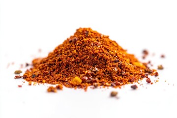 Pile of vibrant orange spice blend on white background