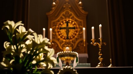 Fototapeta premium Serene Church Altar with Lilies and Candles