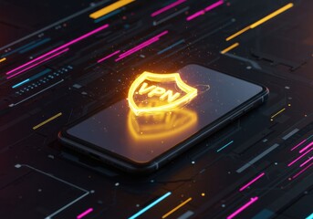 A cyber security icon hovers over a laptop with a VPN icon, symbolizing protection and privacy in the digital world. Perfect for technology, security, and business themes.