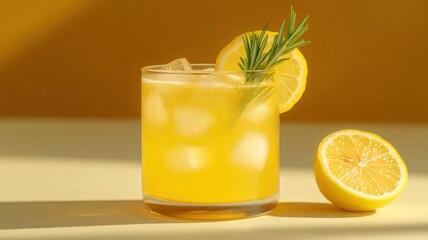 Fototapeta premium Yellow Citrus Cocktail with Ice and Rosemary Garnish