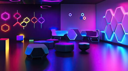 A tech-themed gradient-lighted workspace featuring UV reactive furniture