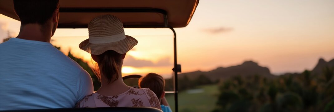 A family enjoys a picturesque sunset from a golf cart, creating cherished moments as they connect with nature and each other in a serene outdoor setting.