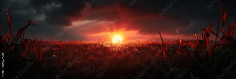 Poster a breathtaking view of the sun setting behind a tranquil field, casting an array of warm colors acro