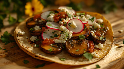 Fototapeta premium Springtime Tacos de Hongos with Fresh Queso Fresco and Radishes