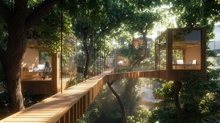 Obraz premium A tree canopy-inspired workspace with wooden bridges running between glass-enclosed work pods suspended in mid-air