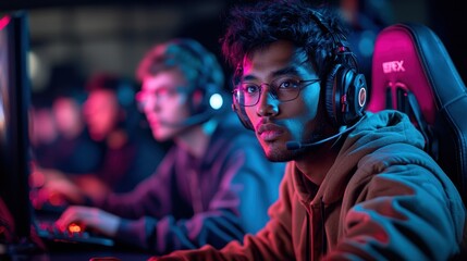 Fototapeta premium Gamers focused, heads in the game, lit by colored lights, indoors in a gaming arena