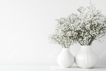 Fototapeta premium A soft white gypsophila arrangement in a vase on a white wall, creating an elegant floral home decor