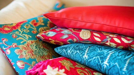 Stack of colorful decorative pillows with floral and geometric patterns.
