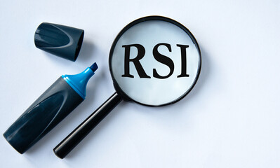 RSI - acronym under a magnifying glass with a marker on a white background