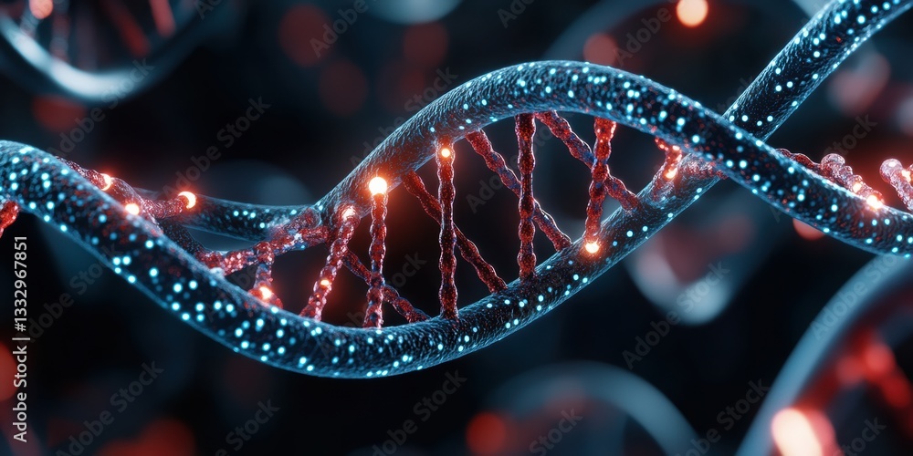 Poster exploring the intricate beauty of a dna helix illuminated by vibrant lights in a futuristic environm