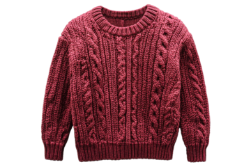 Cozy maroon knitted sweater with braids pattern, cut out transparent