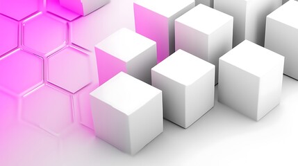 Abstract white cubes and pink hexagons on a reflective surface