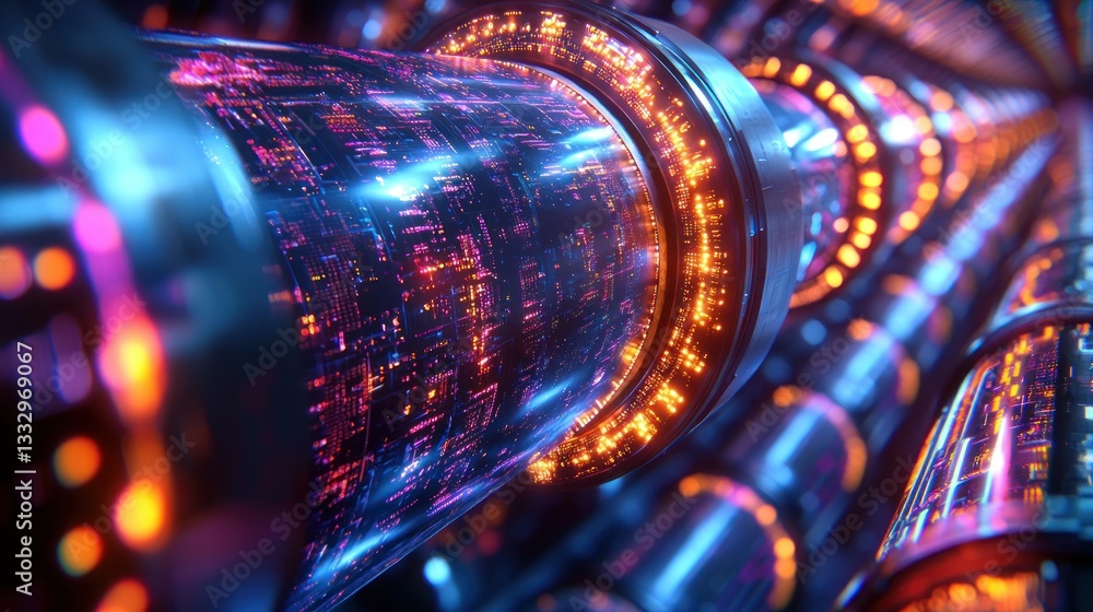 Poster glowing cables show flow of digital data. connection through system