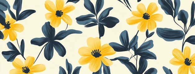 Obraz premium Contemporary abstract posters adorned with floral patterns, placed on minimalist backgrounds, offer a stylish and trendy wall decoration option in blue and yellow