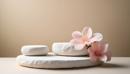 white stones platform podium pink flower on beige light background minimal empty display product presentation scene