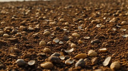 Obraz premium Scattered nutshells on brown soil after harvest.