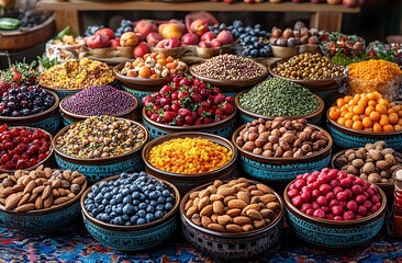 Fototapeta premium Vibrant Market Display with Colorful Fruits, Nuts, and Spices in an Inviting Arrangement
