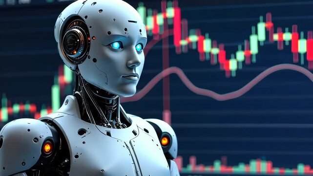 A futuristic robot stands in front of a stock market chart, symbolizing artificial intelligence in finance.
Concept of automation.