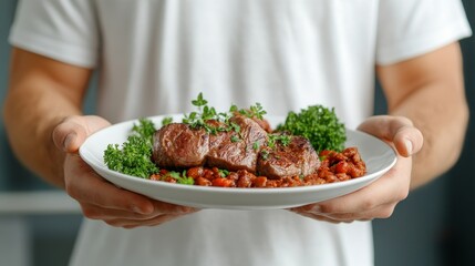 Delicious grilled steak with fresh herbs and beans presented by adult male