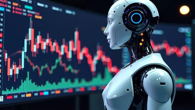 A humanoid robot analyzes stock market data displayed on multiple screens, representing automated trading. Concept of future.