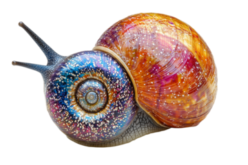 Closeup of snail with shiny shell isolated on transparent background
