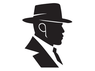 Detective silhouette. Old fashioned detective in hat on white background. Vector style silhouette.