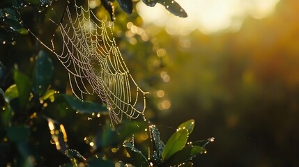 A spiderweb adorned with dew drops glistens in the morning sun, strung between green leaves. Golden light creates a bokeh effect in the background.