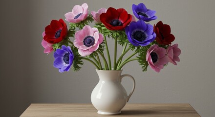 Bouquet with anemones and greenery in a white vase, symbolizing elegance and vibrancy