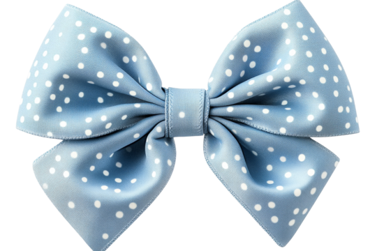 Decorative light blue bow with white polka dots, cut out transparent