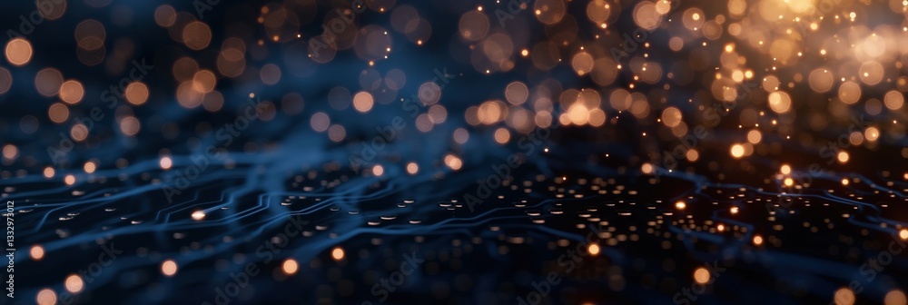 Poster This image captures the essence of abstract digital art, featuring glowing particles and circuit-like patterns, creating a mystical, high-tech ambiance.