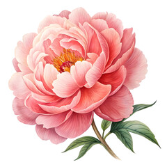 Pink Peony Flower Watercolor Painting isolated on transparent background