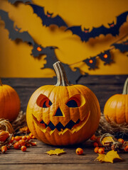 Crafting Halloween decorations with pumpkins and bats on a bright yellow background