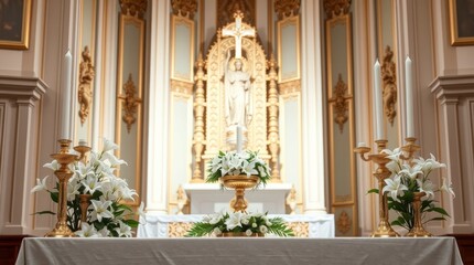 Fototapeta premium Elegant Church Altar with White Lilies and Gold Candelabra