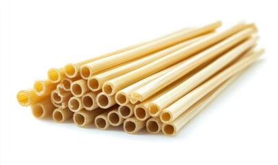 Pasta tubes stacked, close-up, white background, food photography