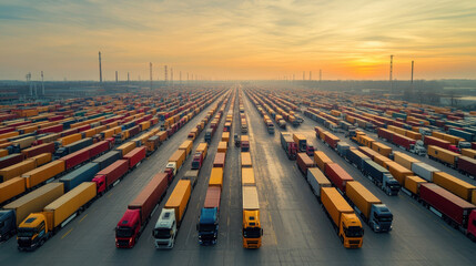 Aerial view of many cargo trucks standing in long rows at a large transportation terminal during sunset with warm light and soft clouds