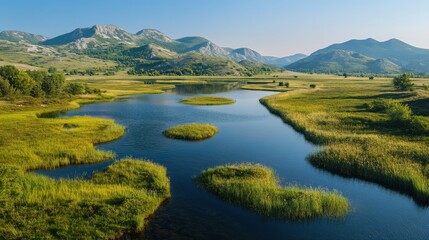 Scenic mountain landscape with calm river winding through green meadows under a clear blue sky. Summer day peaceful nature scene.
