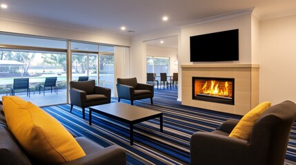 Fototapeta premium Cozy living room with modern furniture, fireplace, and large windows overlooking a garden