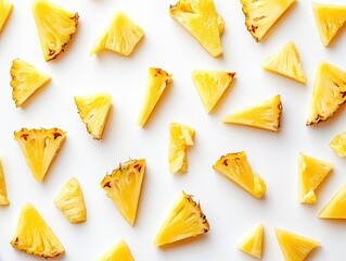 Sliced pineapple triangles on white background; food styling