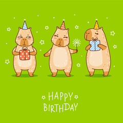 Greeting card with cute сartoon capybaras on green background - funny animals for Your Birthday design