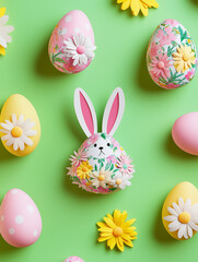 An Easter egg shape created with an arrangement of various spring flowers and leaves on a pastel green background, accompanied by an Easter bunny with eggs, forming a charming and festive composition.