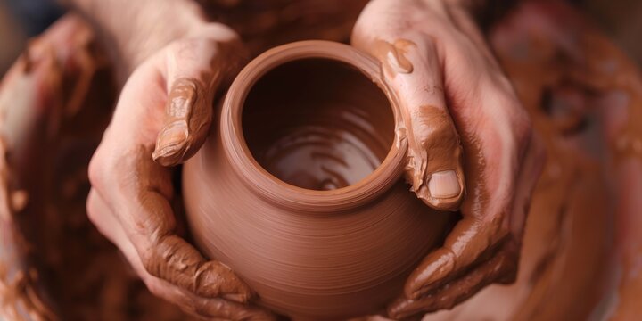 A captivating image of hands skillfully shaping a piece of pottery using clay on a spinning wheel, illustrating the beauty of craftsmanship and the meditative process of creation. - Powered by Adobe