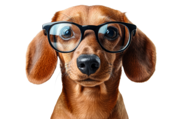 Brown dachshund with glasses, portrait of dog, cut out transparent