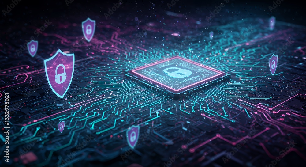 Poster secure microchip with shield icons, representing data protection
