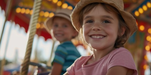Joyful children enjoy a carousel ride, capturing the innocence and happiness of childhood, illustrating the essence of fun, laughter, and the wonder of amusement parks.