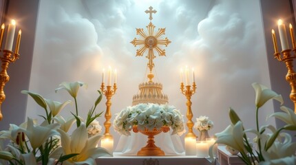 Golden Monstrance Altar with White Lilies and Candles