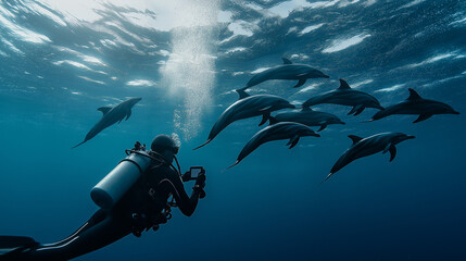 Adventurous deep-sea diver capturing a playful pod of dolphins swimming gracefully in crystal clear waters