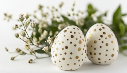 Fototapeta premium In a polished arrangement, decorative eggs are surrounded by fine dried flowers