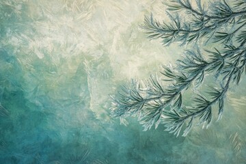 Frost-covered pine branch against a teal and beige textured background. Winter wonderland.
