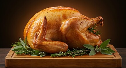Roasted turkey breast with sage and rosemary garnish on wooden board food meat herb meal dark oven